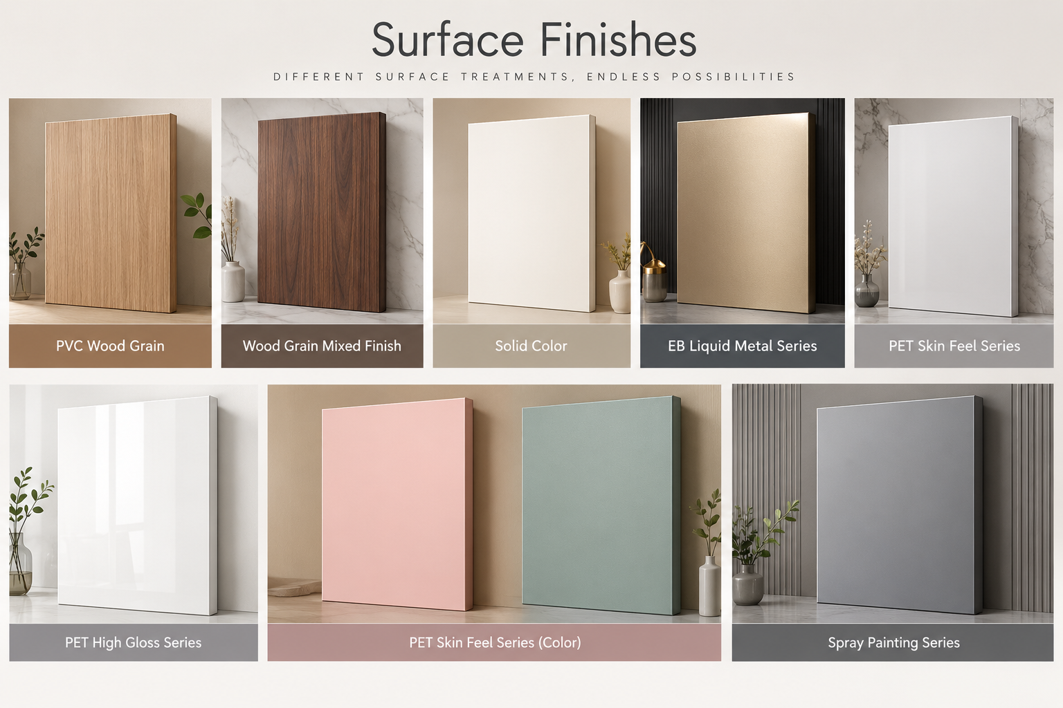 Grid of cabinet door surface finishes: PVC wood grain, solid colour, liquid metal, PET skin-feel, high gloss and spray paint
