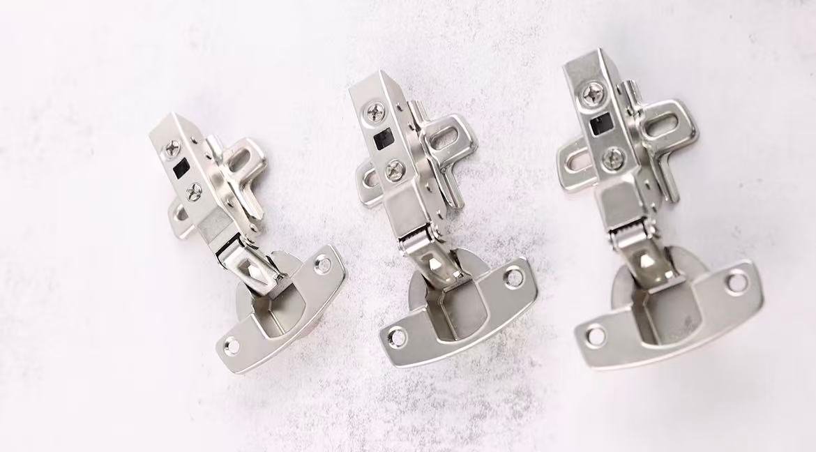 Three concealed hinge types side by side: straight arm, half cranked and full cranked