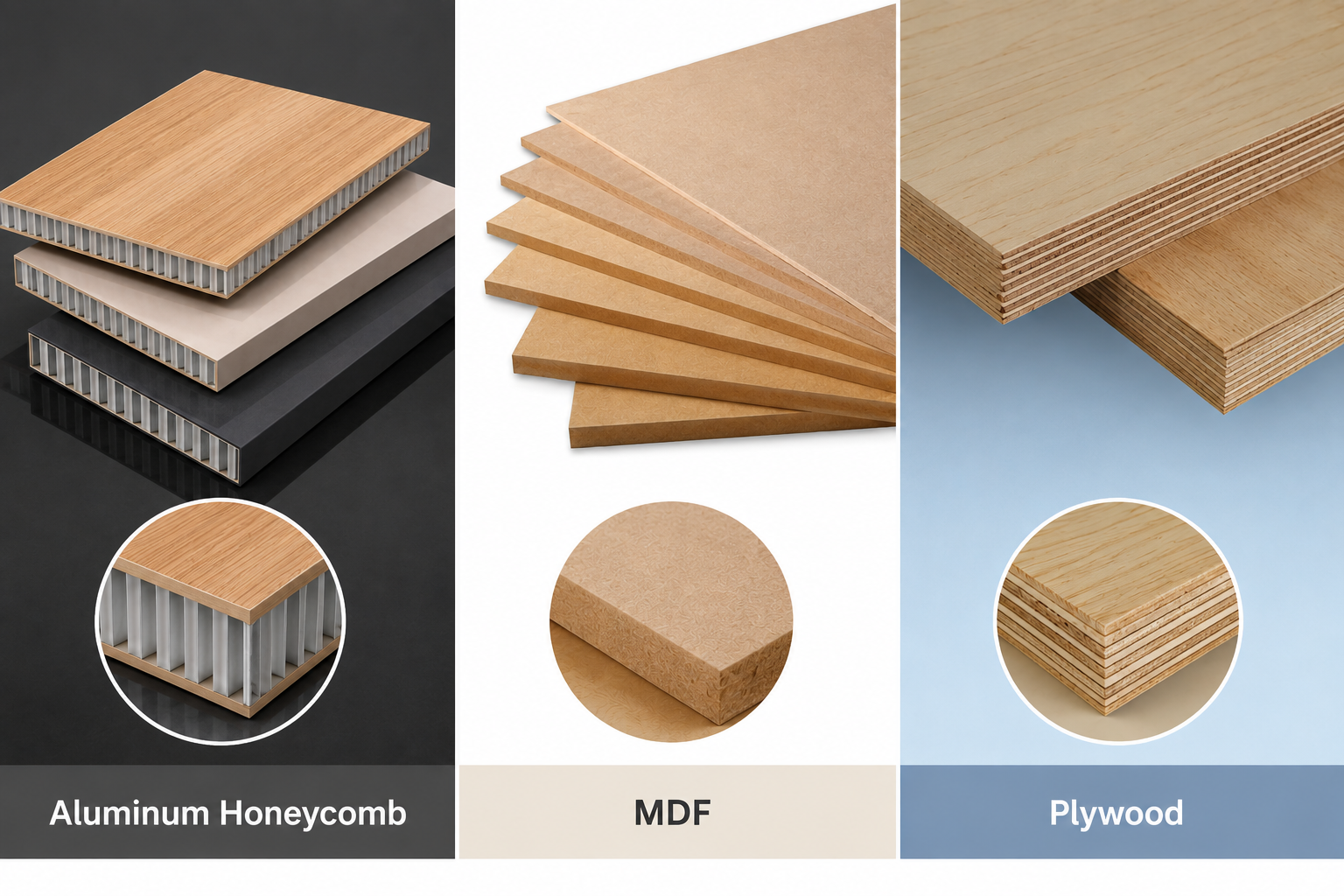 Side-by-side comparison of aluminium honeycomb, MDF and plywood panels with a close-up of each edge