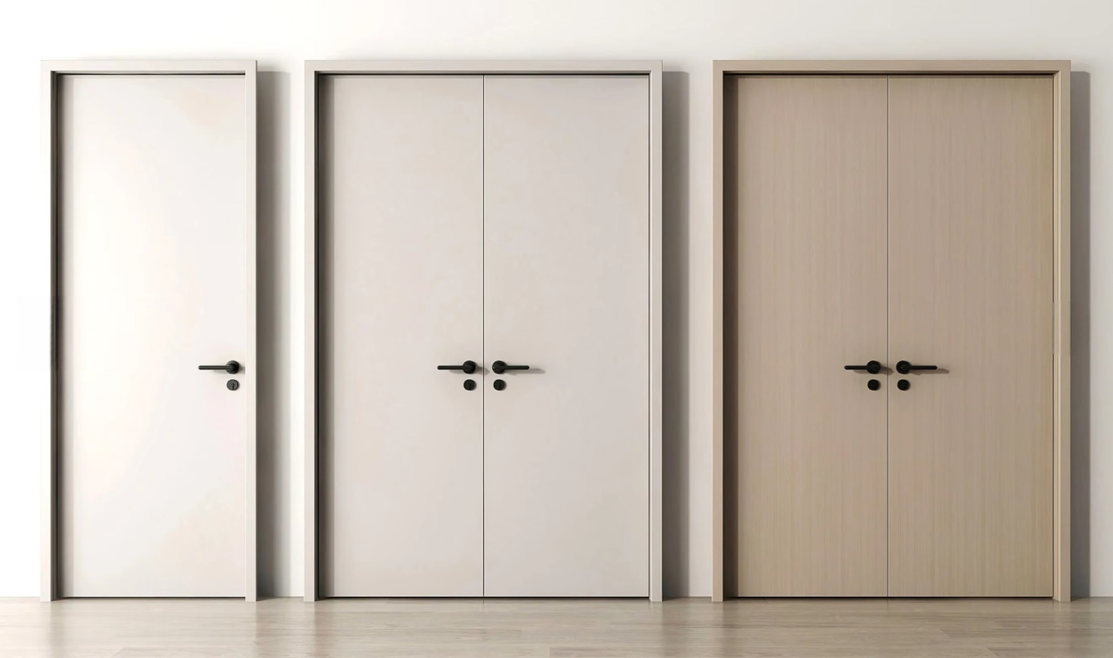 Three full-height flush cabinet doors in white, cream and oak fitted with long black handles